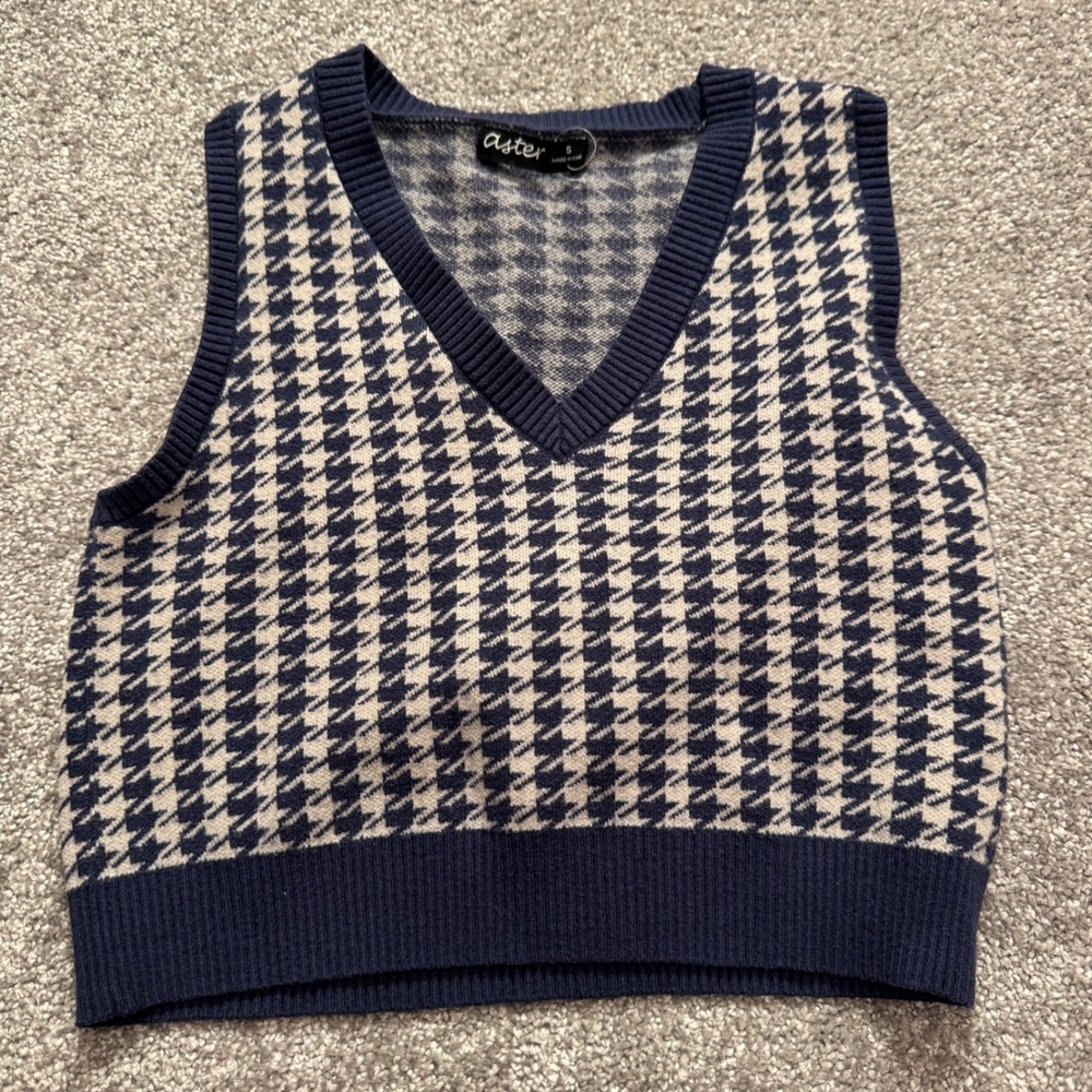 Aster Sweater Vest Women Small Blue Houndstooth Viscose Preppy Dark Academia